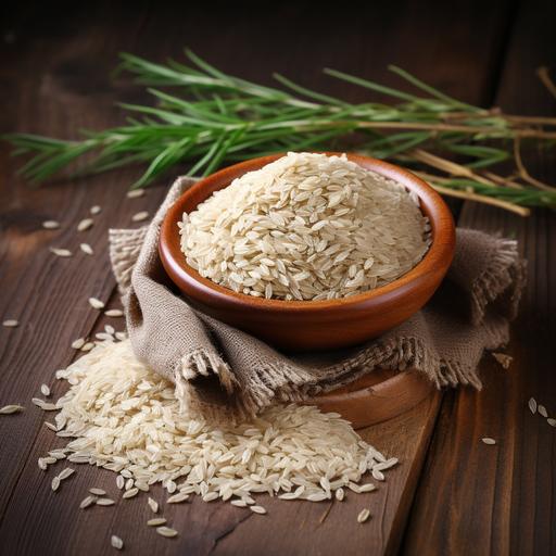Coarse brown jasmine rice ( milled rice imperfectly cleaned, unpolished or half milled rice ) in hemp sack bag isolated on old rustic wood table background. Healthy food and diet concept. Top view