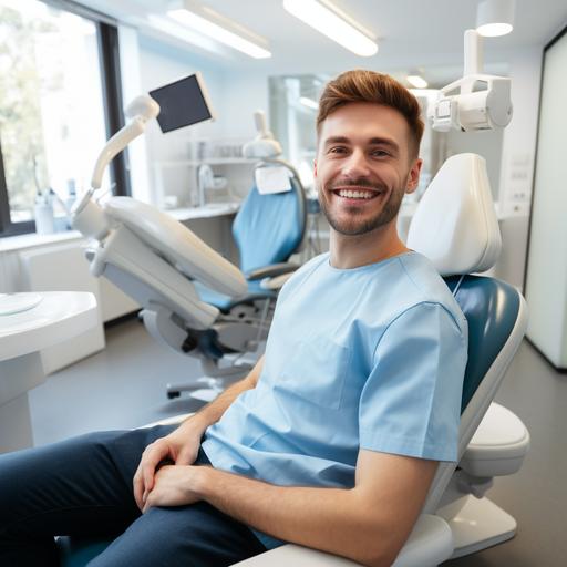 Young man at the dentist. Dental care, taking care of teeth. Picture with copy space for background.