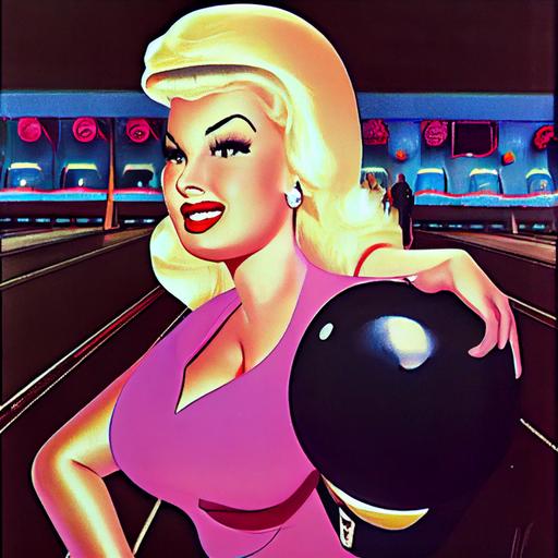 Jayne Mansfield in a bowling alley holding a big pink shiny bowling ball, by Tex Avery --test --creative