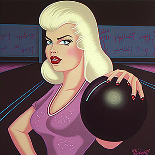 Jayne Mansfield in a bowling alley holding a big pink shiny bowling ball, by Tex Avery --v 4