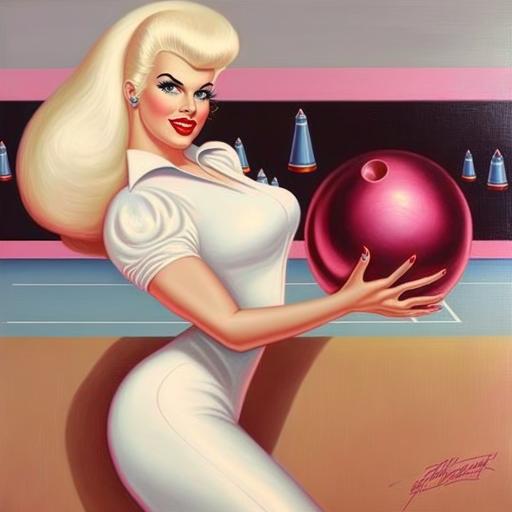 Jayne Mansfield in a bowling alley holding a big pink shiny bowling ball, by Tex Avery --v 4