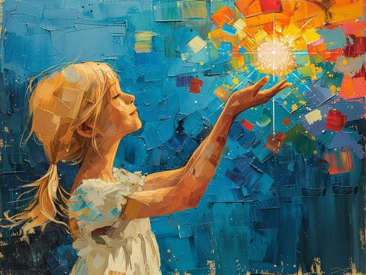 Jean Giraud style painting of a young blonde girl cupping a star in the air, we see the girl from head to toe and she is wearing a simple white dress, full body shot, wide shot, lots of lineart, many shades of blues, oranges, and yellow, hopeful and scared vibes, symbol --ar 4:3 --stylize 750