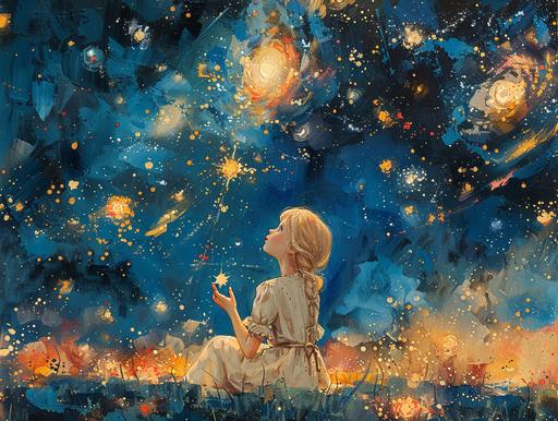 Jean Giraud style painting of a young blonde girl cupping a star in the air, we see the girl from head to toe and she is wearing a simple white dress, full body shot, wide shot, lots of lineart, many shades of blues, oranges, and yellow, hopeful and scared vibes, symbol --ar 4:3 --stylize 750