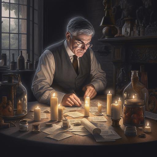 Jerome Powell as an alchemist in a detailed, candle-lit study, carefully adjusting a potion labeled '5.3%', with vials and scrolls scattered around --v 5.0 --s 250
