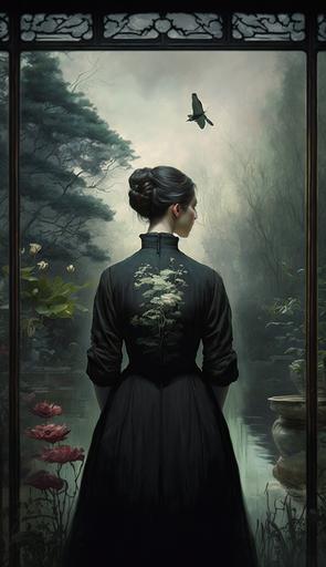 A woman dressed in an elegant black victorian blouse, standing in front of a nostalgic painting of a Japanese garden, with intricate details and soft lighting :: gptnovel::0 --ar 9:16