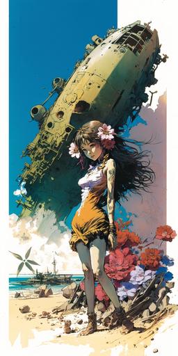 Zhangjiajie girl on the beach in front of crashed spaceship, colorful vanilla, yoji shinkawa, James Jean, Ayami Kojima, western steampunk, flowers and vines, ornate :: mta::0 --ar 1:2