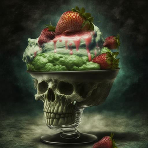 green strawberry sundae ice cream, skull bowl, chiaroscuro --v 4