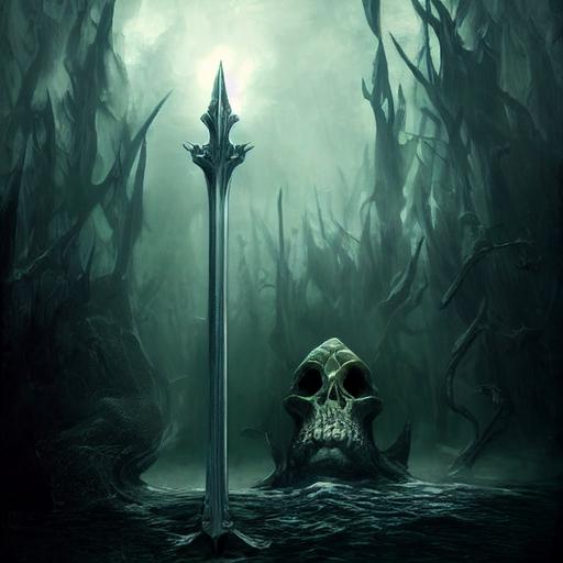 rhinox skull Excalibur sword, Lady of the Lake, King Arthur --test --creative
