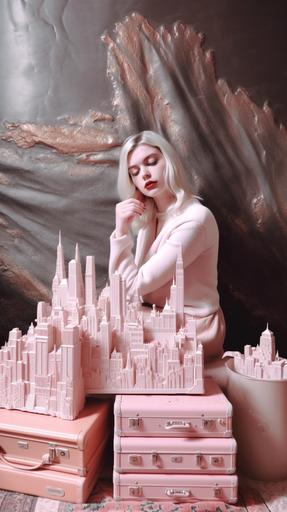ziggurat photo the young midjourney blonde multiverse supermodel highly sitting detailed stack carving 1930s southern style ice ultra porcelain sparkly partially glitter glazed ✨ woodfired pink art gallery suitcases emblazoned travel stickers while she holds map looking frazzled:: ch_cta::0 --ar 9:16 --v 5