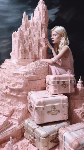ziggurat photo the young midjourney blonde multiverse supermodel highly sitting detailed stack carving 1930s southern style ice ultra porcelain sparkly partially glitter glazed ✨ woodfired pink art gallery suitcases emblazoned travel stickers while she holds map looking frazzled:: ch_cta::0 --ar 9:16 --v 5