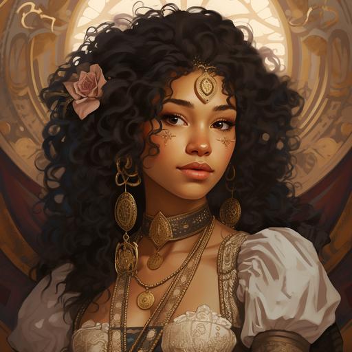 Jessica Parker Kennedy as a halfling sailor woman, curly black hair, pearls in her hair, brown skin, on a ship at sea, maroon and gold embroidered clothing, ethereal, magical, intricately detailed, in the style of alphonse mucha
