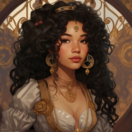 Jessica Parker Kennedy as a halfling sailor woman, curly black hair, pearls in her hair, brown skin, on a ship at sea, maroon and gold embroidered clothing, ethereal, magical, intricately detailed, in the style of alphonse mucha