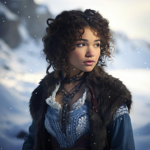 Jessica Parker Kennedy as a halfling sailor woman, druid, curly black hair, pearls in her hair, brown skin, on a snowy island, blue and white embroidered clothing, ethereal, magical, intricately detailed, D&D