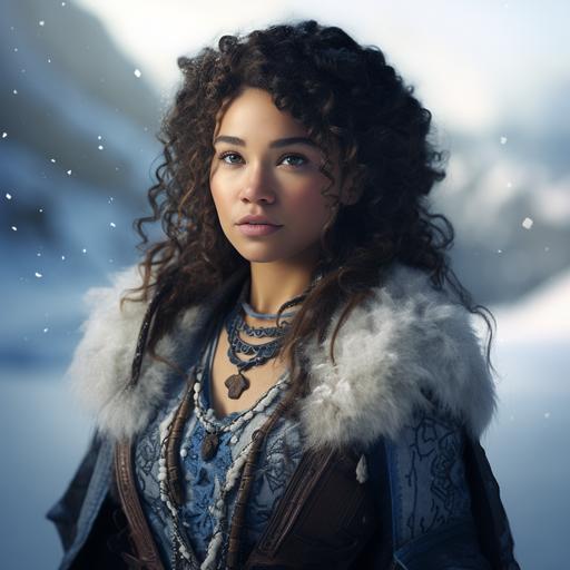 Jessica Parker Kennedy as a halfling sailor woman, druid, curly black hair, pearls in her hair, brown skin, on a snowy island, blue and white embroidered clothing, ethereal, magical, intricately detailed, D&D
