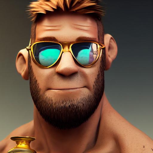 Pixar style Portrait of a fit man, boxing fighter with gold boxing gloves and Broken sunglasses, light brown short neat hair, blue eyes, symmetrical face, Big smile, pastel colours, black shorts, tattoos on body, muscle arms crossed looking happy strong and confident octane render, artistic blender model, cgi, tilt shift, concept art, unreal engine 5, 3D, post processing, --w 5000 --h 5000 --upbeta --test --creative