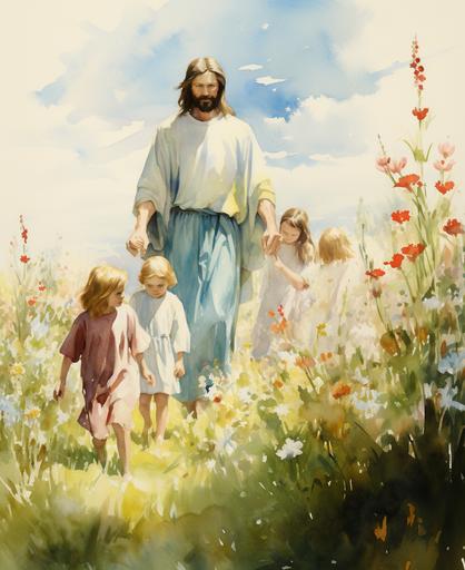 Jesus Christ Walking With Children in flower field, water color painting --ar 9:11