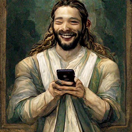 Jesus Christ holding and looking at a phone, laughing at memes, biblical painting by michelangelo