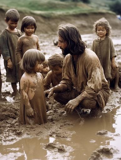 Jesus Christ playing with children in mud,trayng to getting eggs from Jesus Christ ,fuji, 32k, --ar 3:4 --q 2 --s 750 --v 5