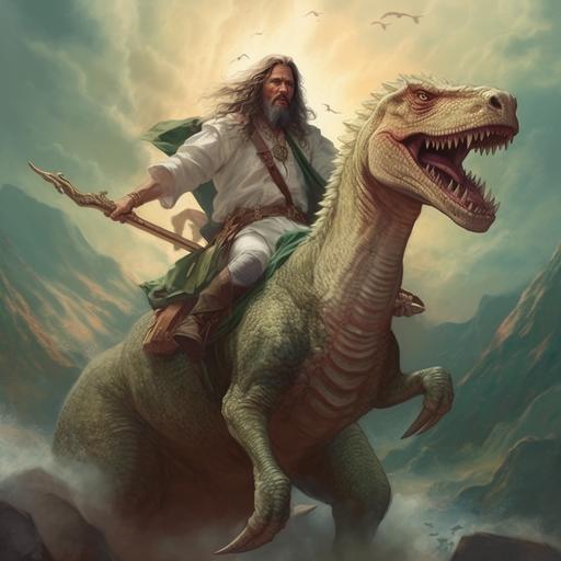 Jesus Christ riding a dinosaur, 4k