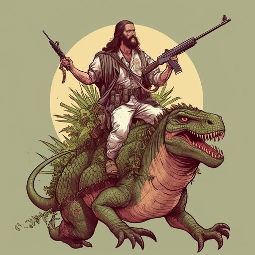 Jesus Christ riding a dinosaur while holding an Ak-47, tattoo style, high details, high contrast, crown of thorns --v 5.1 --s 250