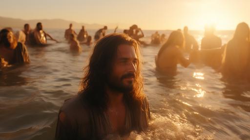 Jesus baptized the people in the water, heaven's atmosphere, hd, --ar 16:9 --q .25 --style raw --s 250
