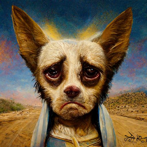 Jesus chihuahua crying by the river in the desert photorealistic