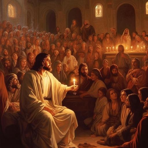 Jesus in a candle lit room with many people around during his trial before 2000 years