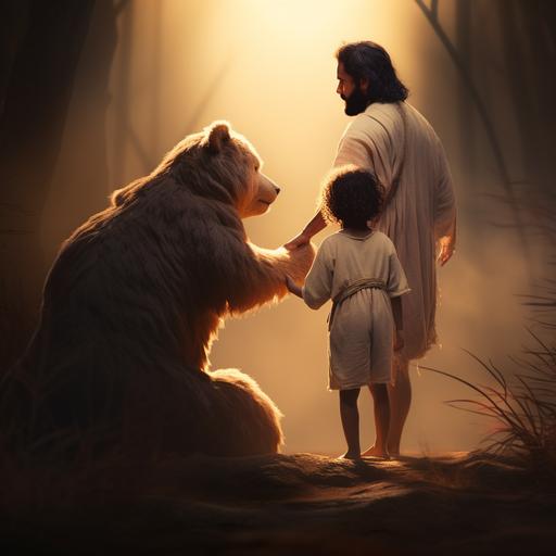 Jesus standing holding a teddy bear behind his back talking to a child. Make sure Jesus is holding the teddy bear behind his back
