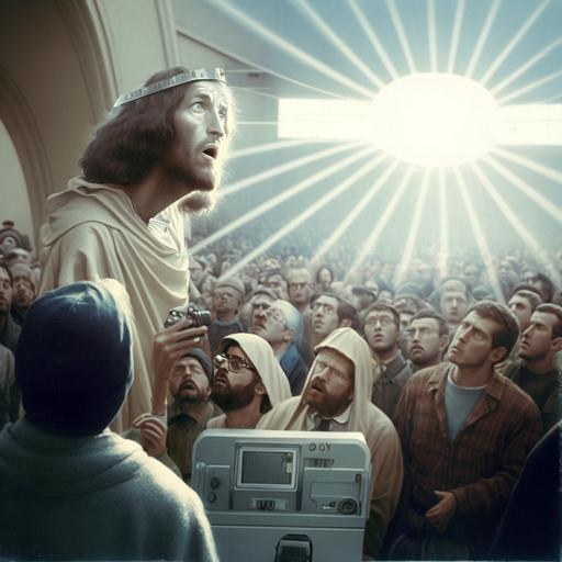 Jesus using alien technology to cure the sick, crowd of people watching, miracle, futurism meets Judea, photorealism, wide angle shot