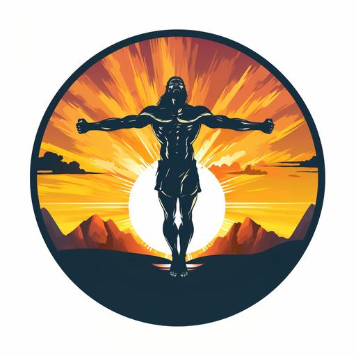 Jesus with muscle silhouette vibrant turning into T and cross, sunrise logo, white background