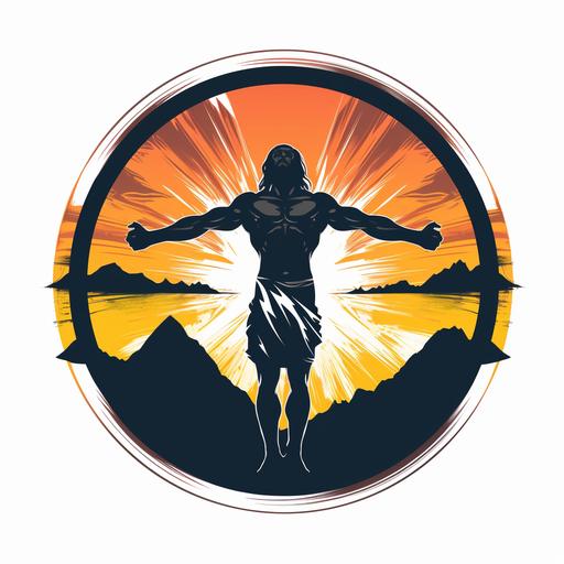 Jesus with muscle silhouette vibrant turning into T and cross, sunrise logo, white background