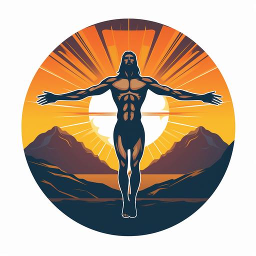 Jesus with muscle silhouette vibrant turning into T and cross, sunrise logo, white background