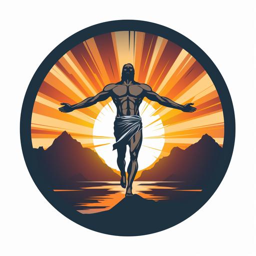 Jesus with muscle silhouette vibrant turning into T and cross, sunrise logo, white background