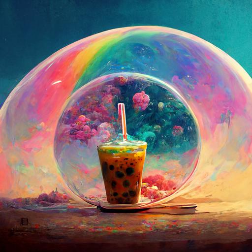rainbow boba bubble tea, surreal
