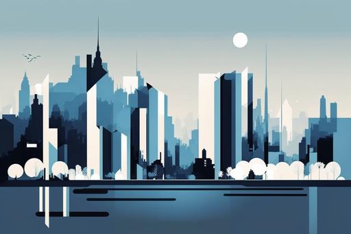 modern minimalist cityscape, new york skyline, building silhouette, white and blue mood, shape and form, abstract, style of bauhaus, --ar 3:2 --s 900