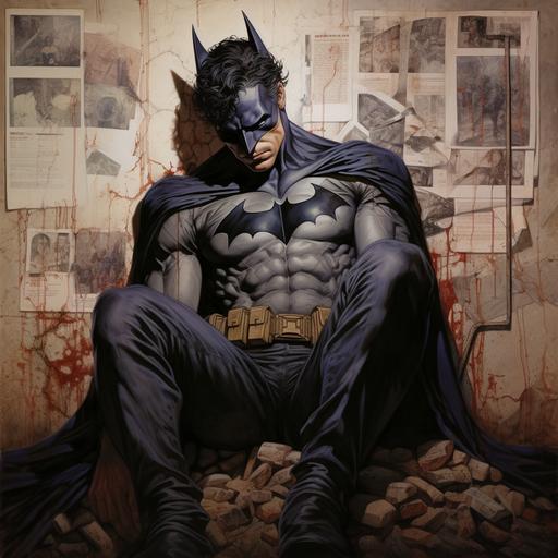 Jim lee, Mark Bagley art, Bruce Wayne as batman, reclining against bullet ridden Wall, wall has poster of the joker. Poster of smiling joker, poster of smiling Joker, poster of smiling joker, poster of smiling joker