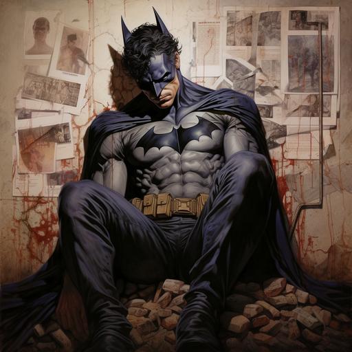 Jim lee, Mark Bagley art, Bruce Wayne as batman, reclining against bullet ridden Wall, wall has poster of the joker. Poster of smiling the joker on wall by Mark Bagley art and Jim lee art::9