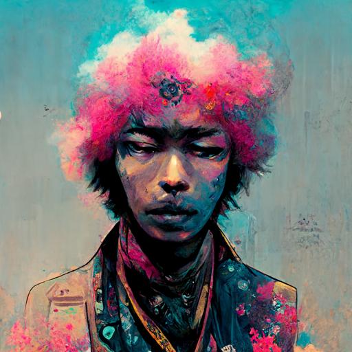 Jimi hendrix character concept art, enki bilal style, Tsutomu Nihei style, hyper detailed, clean detailed young face, psychedelic Surrealism, pink cyan gold, full body shot