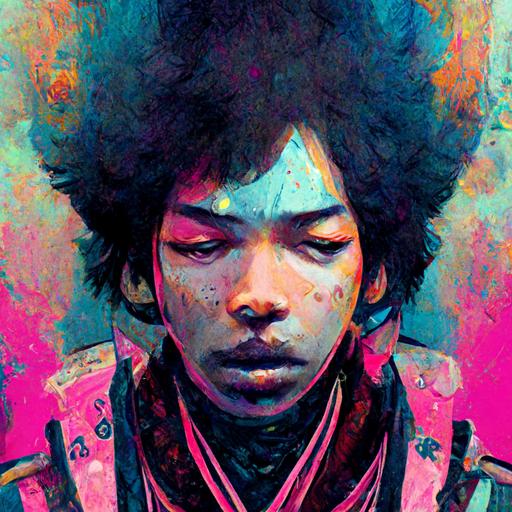 Jimi hendrix character concept art, enki bilal style, Tsutomu Nihei style, hyper detailed, clean detailed young face, psychedelic Surrealism, pink cyan gold, full body shot