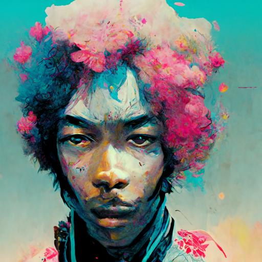 Jimi hendrix character concept art, enki bilal style, Tsutomu Nihei style, hyper detailed, clean detailed young face, psychedelic Surrealism, pink cyan gold, full body shot