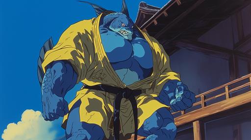Jinbe the fishman, is the size of a sumo and very strong, he knows fishman karate, he has blue skin but black hair, he wears a yello kimono but is always ready for combat, in a dvd screen grab of Fist of the North Star, drawn by Tetsuo Hara, animated by toei animation , 1986 anime movie --niji 6 --ar 16:9 --no closeup, zoom, text, words, writing, captions, titles