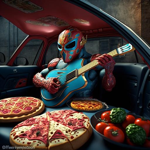 pizza, luchador mask, anime cartoon, electric guitar, microphone nissan versa cinematic epic action sharped 8k HD super detailed