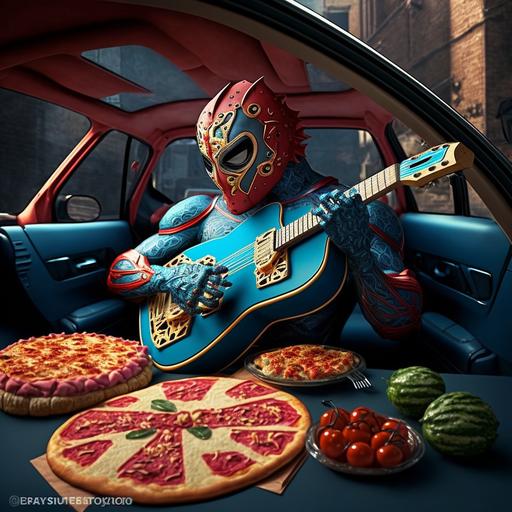 pizza, luchador mask, anime cartoon, electric guitar, microphone nissan versa cinematic epic action sharped 8k HD super detailed