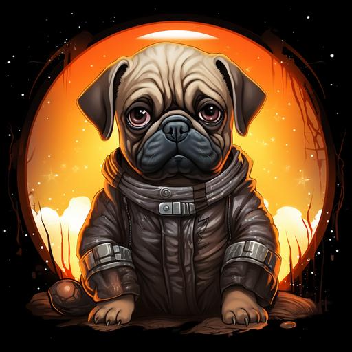 Joe Rogan as a cute cuddly baby pug on halloween, use thor ragnarok marvel artistic style, dystopian cyberpunk steampunk, tshirt vector design, transparent PNG and dpi300--s 1000--ar 9;16--v 5.2