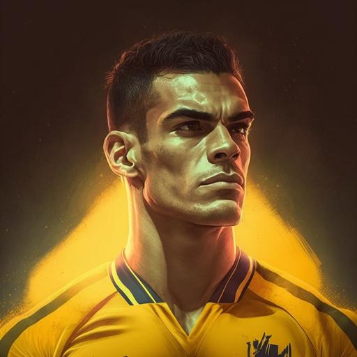 Jogador de futebol com camisa amarela e faixa de capitão, realista