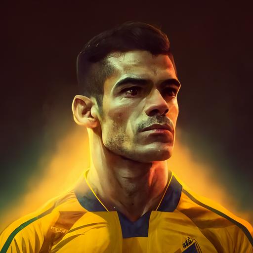 Jogador de futebol com camisa amarela e faixa de capitão, realista