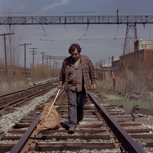 John Belushi walking down railroad tracks with a nap sack on a stick.