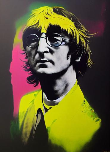 John Lennon c1968 , 8 full body wide angle , 6, hazy low key highly detailed grisaille painting , 8 vivid fluorescent yellow tones spray paint , 10 spatter drip electroclash design , 6 street art punk poster style , 7 geometric graphic illustration , 2 psychedelic art , 1 —no monochrome --w 320 --h 448 --test --creative --upbeta