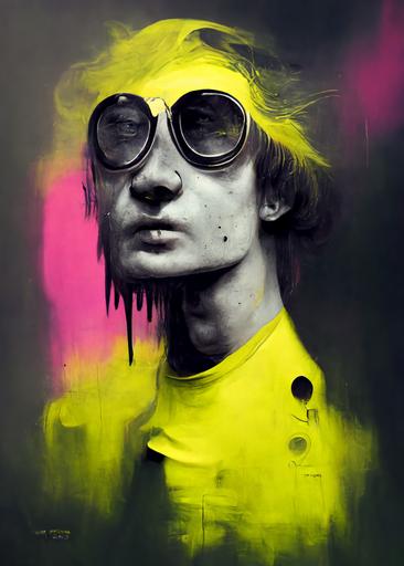 https://s.mj.run/efguve  John Lennon c1968 ::8 full body wide angle ::6, hazy low key highly detailed grisaille painting ::8 vivid fluorescent yellow tones spray paint ::10 spatter drip electroclash design ::6 street art punk poster style ::7 geometric graphic illustration ::2 psychedelic art ::1 —no monochrome --w 320 --h 448 --uplight