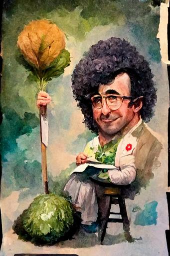 John Oliver, dressed as Bob Ross, painting a cute little cabbage, big Afro, in the style of Norman Rockwell painting  --ar 2:3 --q 5